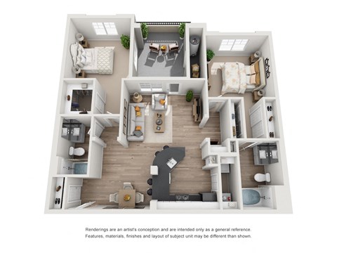 Floor plan for 2 beds, 2 baths, 1127 sqft